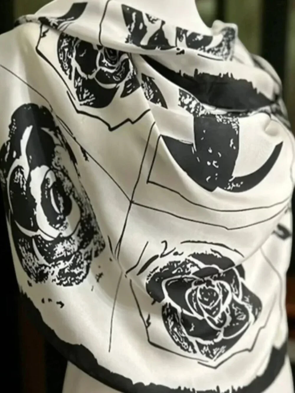 Black Ivory Floral Abstract Square Scarf 27x27 Lightweight Elegant Wrap